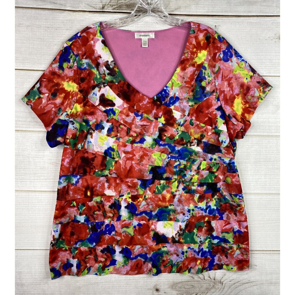 Dressbarn Top Womens 18/20 Multicolor Layered Mesh Lined V Neck Short Sleeve